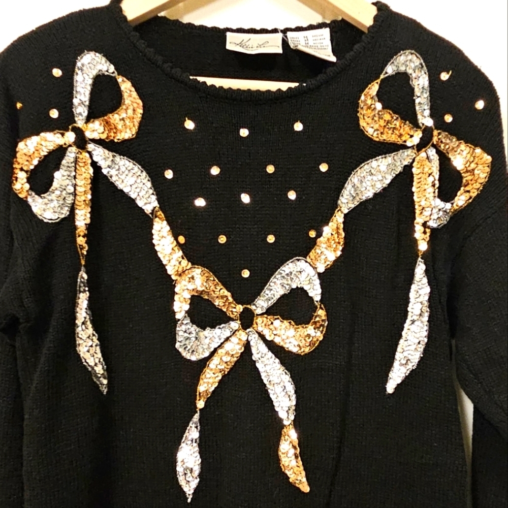Gold Silver Sequin Bow Embroidery knit ramie cotton black sweater size M